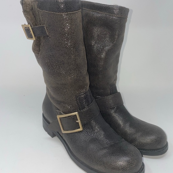 Jimmy Choo COARSE METALLIC LEATHER-GOL engineer boots used women shoe size 36 - Picture 1 of 5